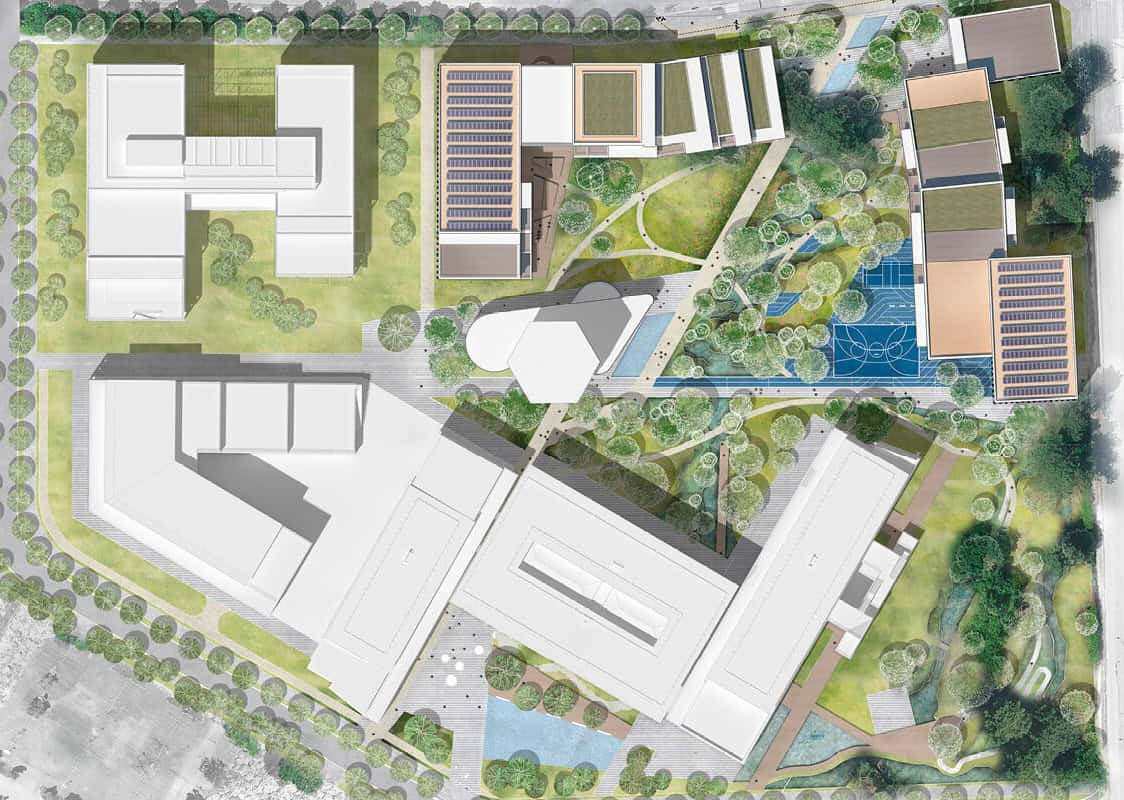 Vue aérienne du projet Urb1n avec espaces verts, bâtiments et installations sportives.