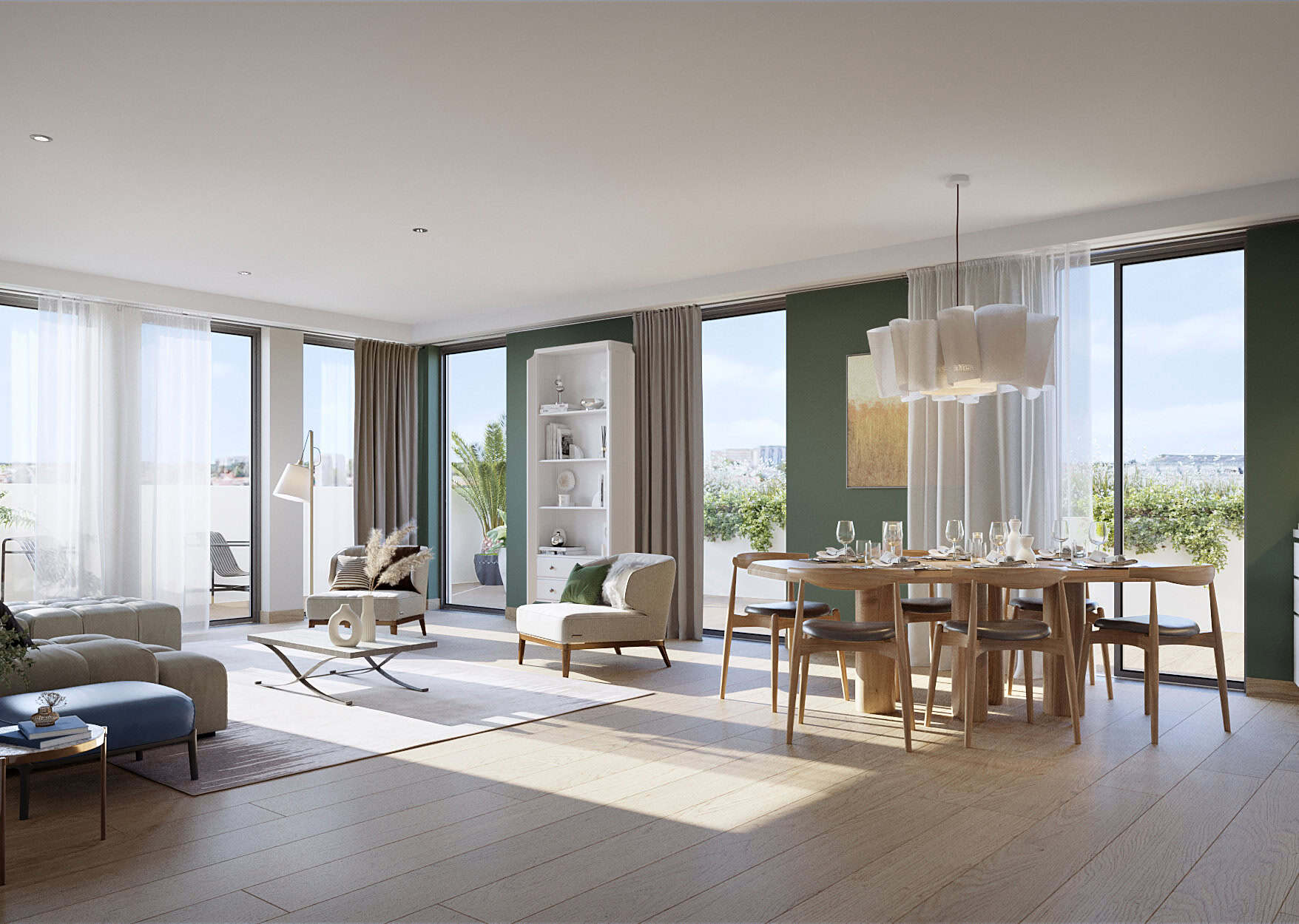 Appartement lumineux avec vue panoramique, mobilier contemporain, espace séjour et salle à manger él.
