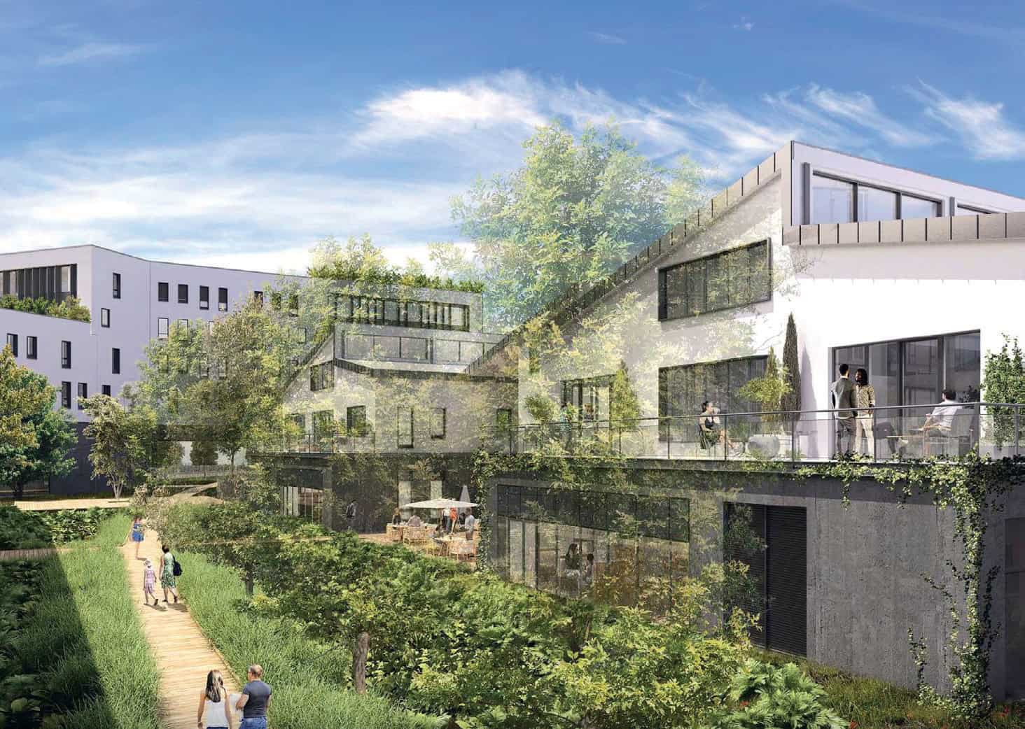 Vue d'ensemble d'un projet immobilier urbain moderne avec espaces verts et bâtiments innovants.